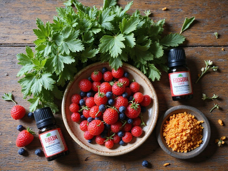 Diverse natural ingredients like herbs, essential oils, and fruits arranged aesthetically