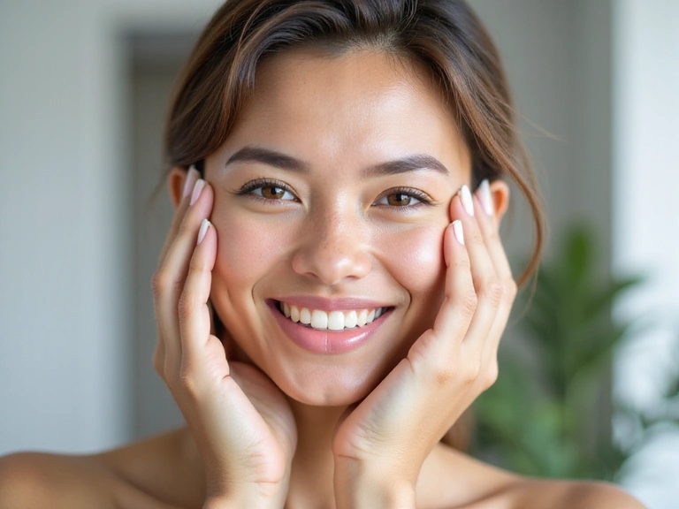 Woman enjoying a natural beauty product, serene and healthy