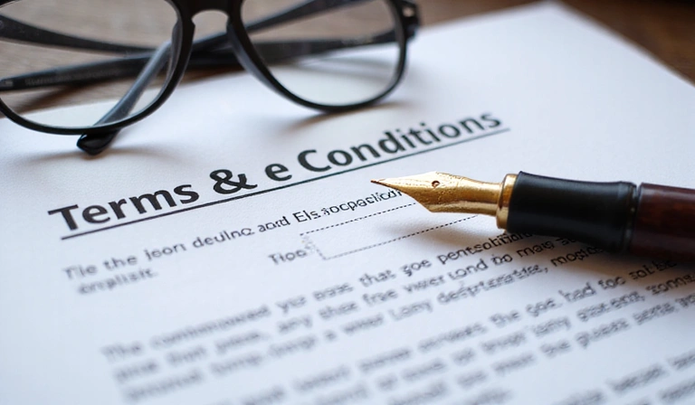 Legal document with a pen and glasses, symbolizing terms and conditions